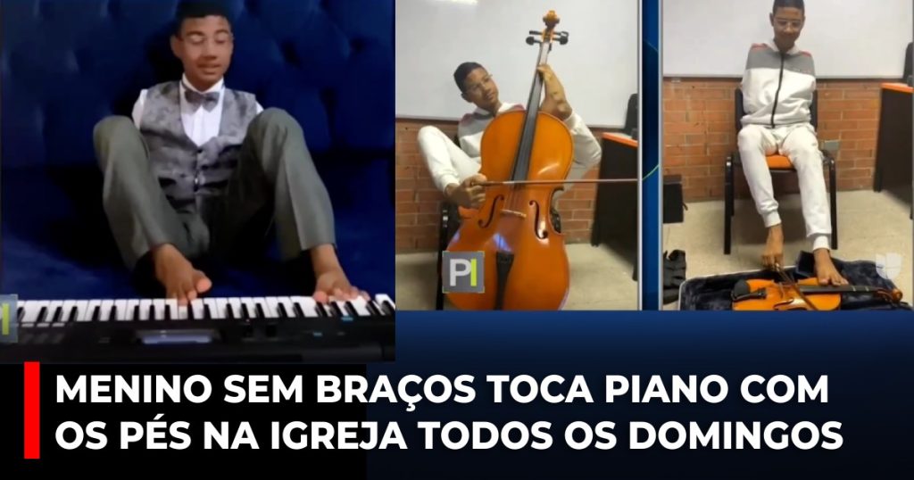 Menino sem braços toca piano com os pés na igreja todos os domingos