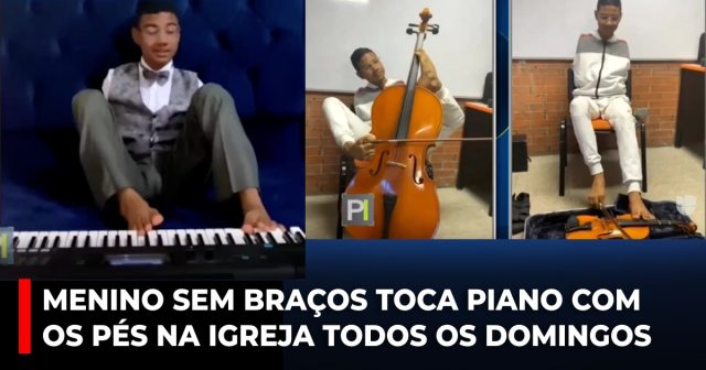 Menino sem braços toca piano com os pés na igreja todos os domingos